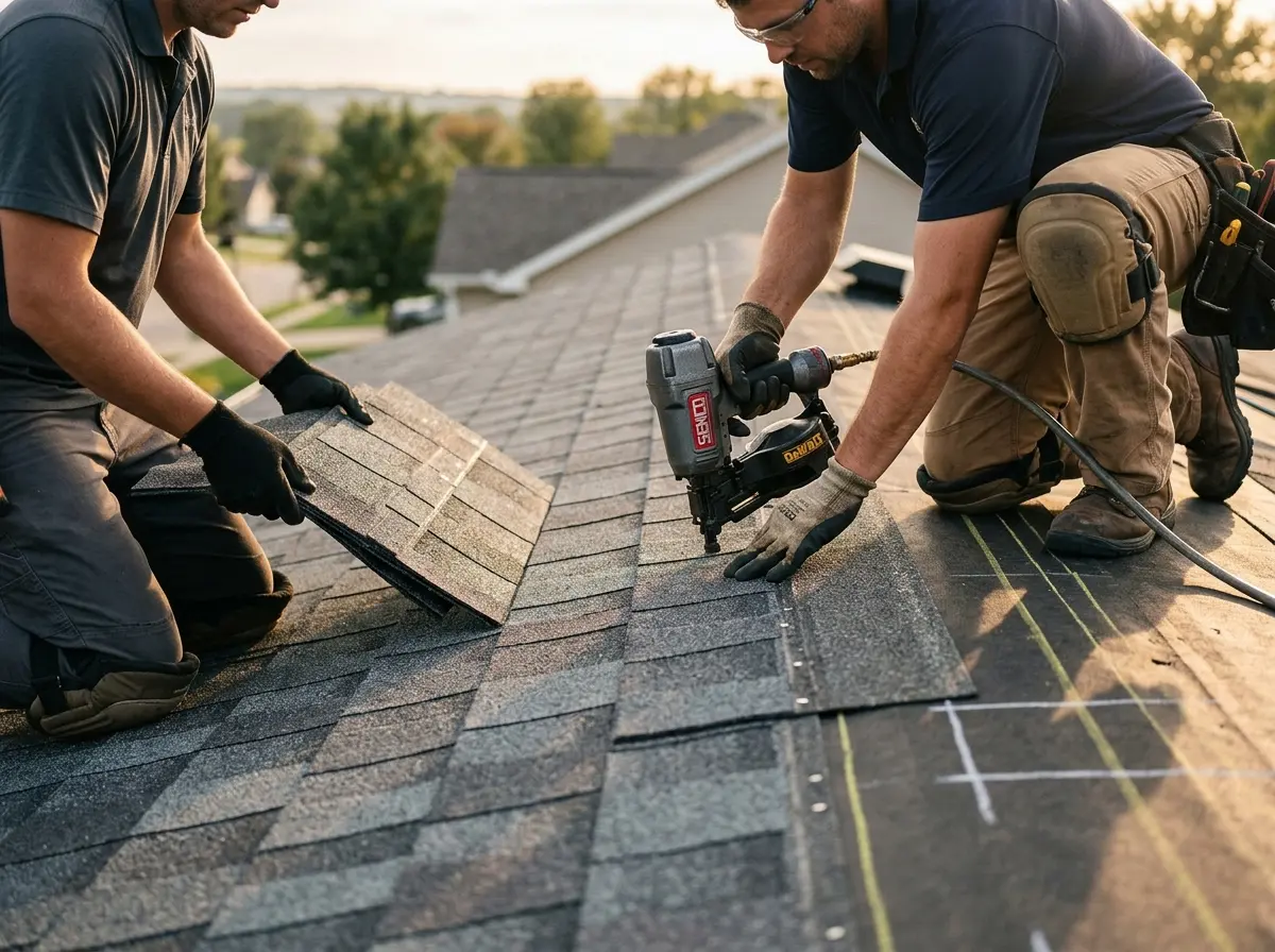 Professional roofer working on a residential roof in Lynwood